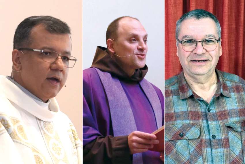 From left, Fr. Fábio de Souza, Fr. Pierre Ducharme, O.F.M., and Fr. Daniel Ouellet, the Canadian  priests taking part in the “Parish Priests for the Synod” international meeting. 